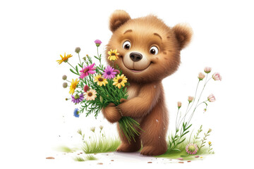 happy little bear with a charming smile, clutching a bouquet of wildflowers in his hands, evoking a feeling of beauty and the arrival of the March 8 holiday on a white background.