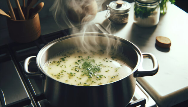 A Pot of Steaming Savory Homemade Bone Broth with Fresh Herbs