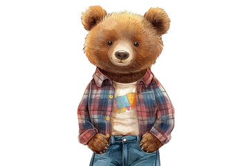 Fashionable bear plaid shirt and jeans, epitomizing rustic and fashionable style.