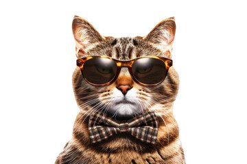 stylish cat wearing sunglasses and bow tie exuding confidence and flair on white background. - obrazy, fototapety, plakaty