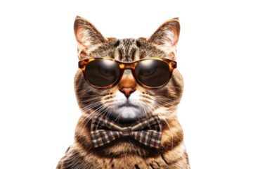 stylish cat wearing sunglasses and bow tie exuding confidence and flair on white background.