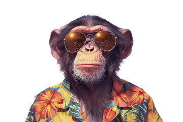 monkey wearing a Hawaiian shirt and sunglasses, conveying a casual and fun aesthetic on a white background - obrazy, fototapety, plakaty