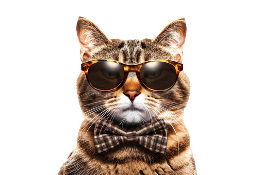 stylish cat wearing sunglasses and bow tie exuding confidence and flair on white background.