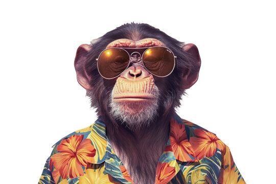monkey wearing a Hawaiian shirt and sunglasses, conveying a casual and fun aesthetic on a white background