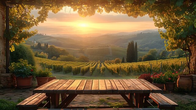 Idyllic countryside sunset view with an empty wooden table. serene nature background. perfect for dining al fresco. AI