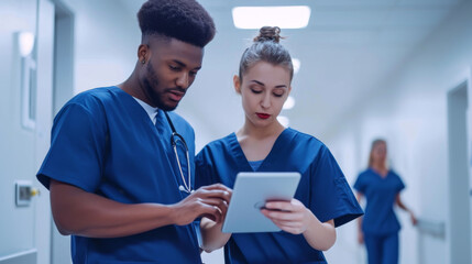 medical professionals, a male and a female, are attentively looking at a digital tablet in a hospital corridor