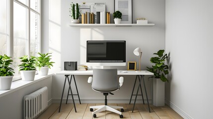 modern office interior, a minimalist home office setup with a sleek desk and ergonomic chair, reflecting the trend of remote work