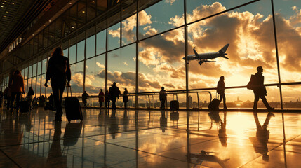 Airport terminal during sunset with passengers silhouetted against the bright windows - obrazy, fototapety, plakaty