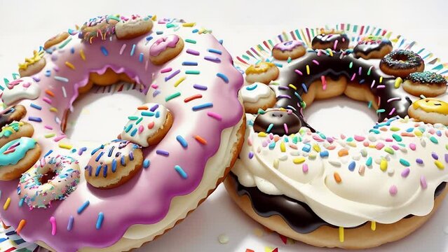 two delicious donuts with strawberry and chocolate glaze, decorated with colorful sprinkles and mini donuts, isolated on white background.