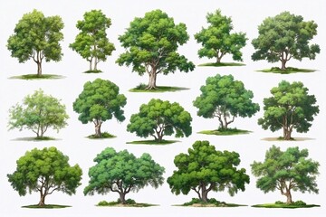 set of oil painted green trees and bushes on white backdrop, isolated trees for cards, book illustrations - obrazy, fototapety, plakaty