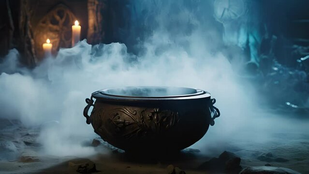 The smoky fog that surrounds the cauldron creates an otherworldly ambiance, adding to the aura of mystery and magic.