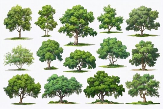set of oil painted green trees and bushes on white backdrop, isolated trees for cards, book illustrations