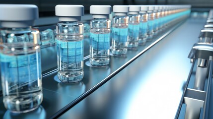 immunizing serumbottles on a conveyor belt. Pharmaceutical laboratory. Factory. Vaccine production. Neural network AI generated art