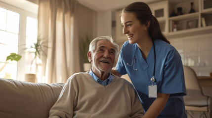 Obraz premium cheerful elderly man seated on a couch, looking up at a smiling female nurse standing beside him
