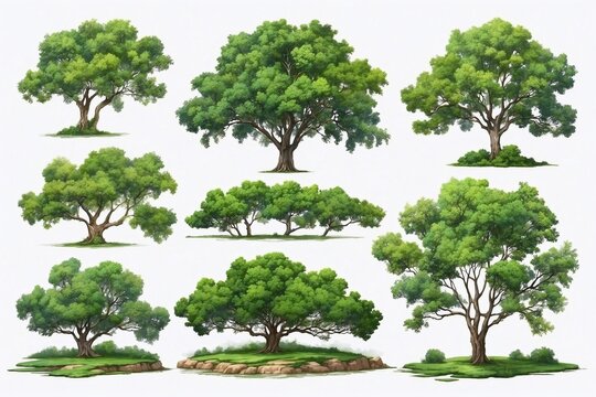 collection of detailed oil painted green trees on white backdrop, isolated trees for cards, book illustrations