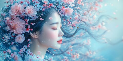 April Showers - A beautiful woman with flowers in her hair, possibly representing the month of April and the season of spring. Generative AI