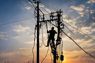 Electrician worker climbing electric power pole to repair the damaged power cable line problems after the storm. Power line support,Technology maintenance and development industry concept