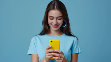 Fototapeta premium smiling young woman looking down at her yellow smartphone with pleasure, wearing a blue top and matching blue hoop earrings against a soft blue background