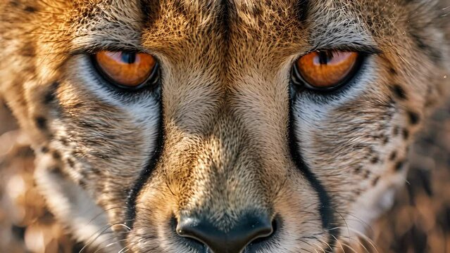 Closeup of a cheetahs mournful expression its eyes reflecting the pain and struggle of a species on the brink of extinction due to the diminishing prey population.