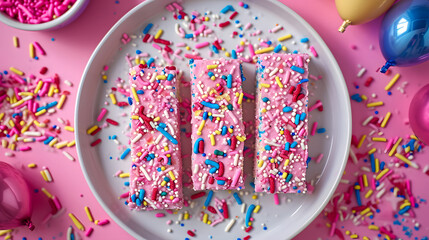 Colorful birthday cake slices with sprinkles on a pink background, festive party atmosphere.