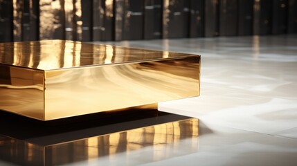 Shimmering Gold Block Reflecting on a Sleek Surface in Warm Illumination. Concept of uncomfortable, expensive park bench. The problem of urban structure.