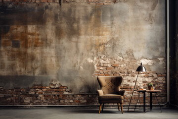 Comfortable armchair in Grunge-Styled Room, Cracked concrete vintage brick wall background 