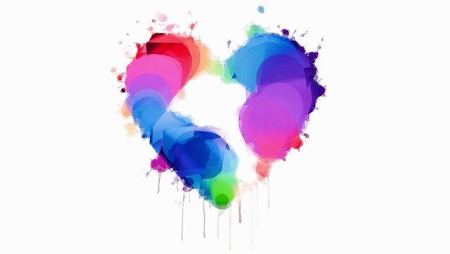 Heart. Watercolor painting of multicolor heart symbol. Animated video valentine card. Time lapse animation of the process of painting colored watercolor paint on a white background