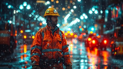 A Rainy Night in the City: A Construction Worker in an Orange Safety Vest Generative AI