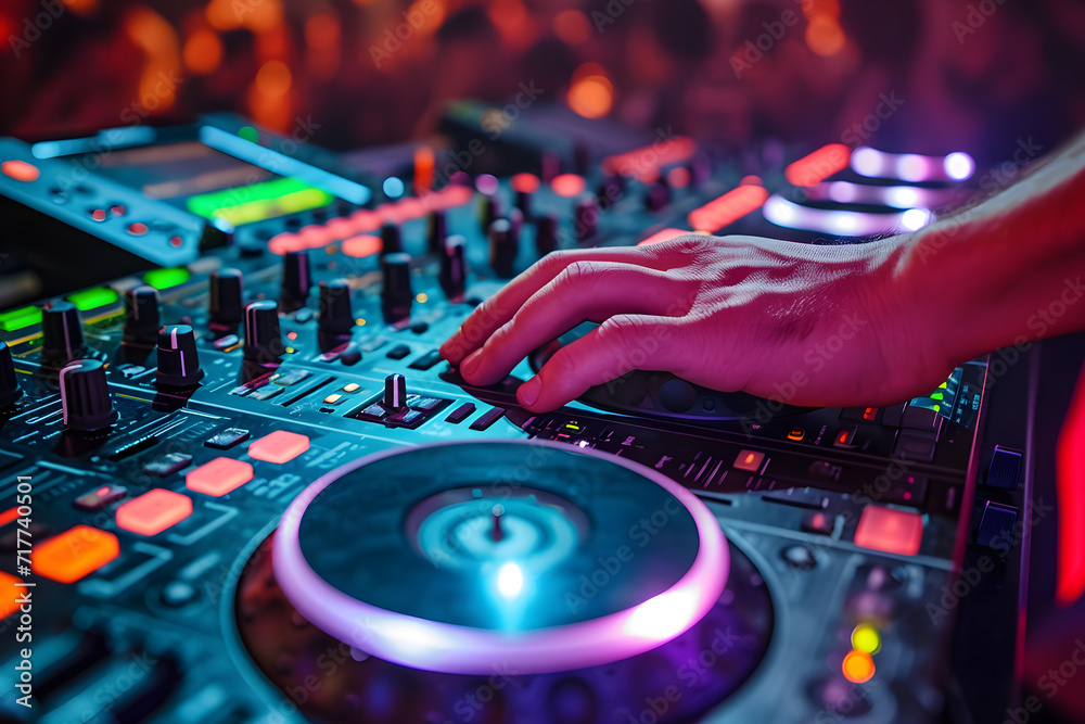 Poster dj's hand mixing music on a console with colorful nightclub lights.