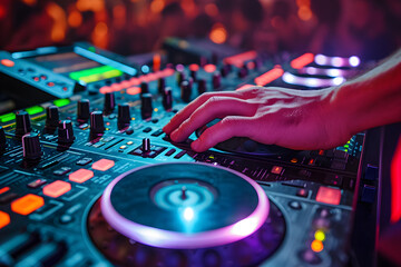 DJ's hand mixing music on a console with colorful nightclub lights.