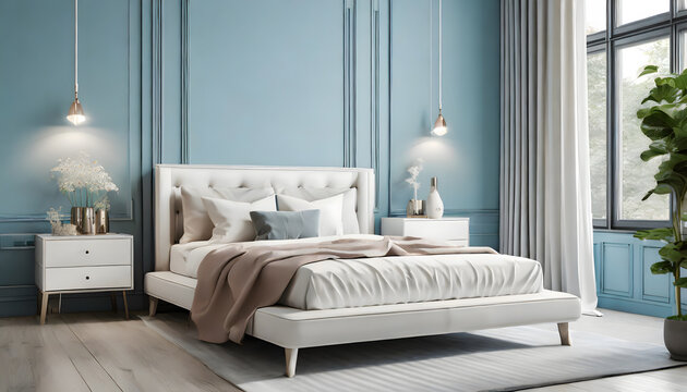 Luxury bright bedroom design, modern white bed and elegant home accessories on pastel blue. Generative AI.