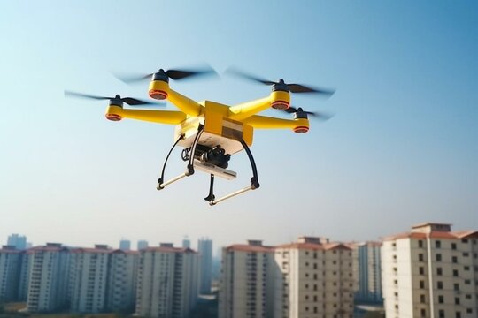 Yellow drone flying over urban surface with a blue sky background. Fast delivery service. Generative AI