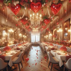 Fototapeta na wymiar Restaurant hall decorated for Valentine's Day, romantic atmosphere