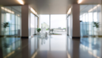 Blurred hotel or office building lobby blur background interior view toward reception hall, modern luxury white room space with blurry corridor and building glass wall window - obrazy, fototapety, plakaty
