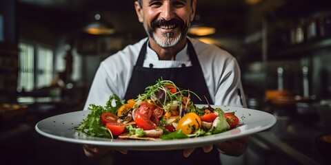 Smiling professional chef presenting a colorful salad dish in a modern restaurant kitchen. culinary art and healthy eating. AI