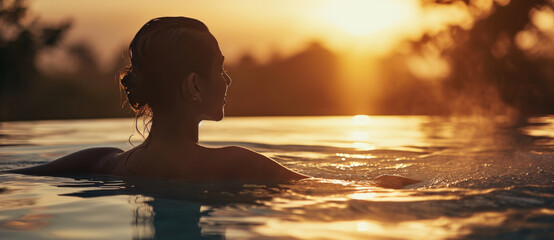 Silhouette of a woman at sunset, immersed in tranquil waters, embracing the peace of a golden hour reverie