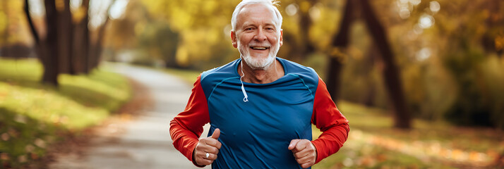 Senior man going for a run and living a healthy lifestyle for longevity - obrazy, fototapety, plakaty