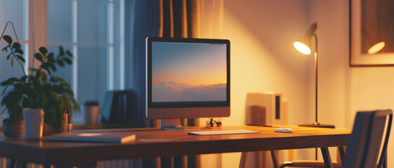 Cozy home office at dusk with a serene mountain wallpaper on the desktop