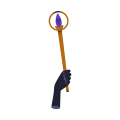 Magic wand, esoteric stick with crystal gem in hand. Secret occult knowledge, power symbol. Sacred mystery energy, witchcraft concept. Flat vector illustration isolated on white background