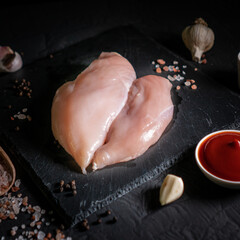 Fresh raw chicken breast fillet, organic meat. Black background. Top view