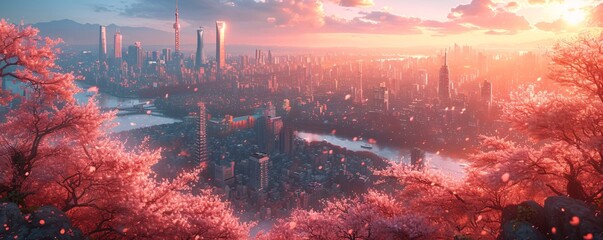 Pink Blossoms Over Cityscape: A Stunning View of the Skyline During the Cherry Blossom Festival Generative AI