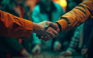 two people shaking hands over a group of people