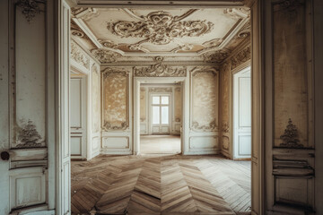 Vintage antique interior of an abandoned palace for design or background.