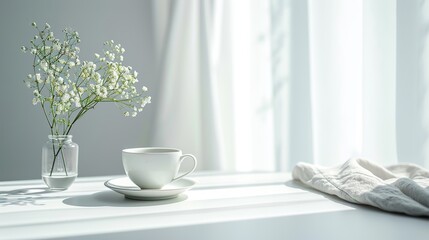 Fototapeta na wymiar A tranquil scene with a white cup of coffee and a vase of delicate gypsophila flowers on a sunlit windowsill, suggesting a peaceful start to the day.