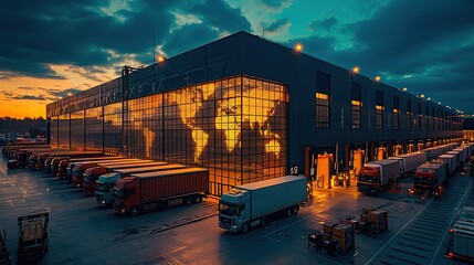 An industrial warehouse illuminated by the setting sun, reflecting the global nature of modern logistics and trade.
