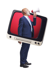 TV presenter shouting inside a vintage television