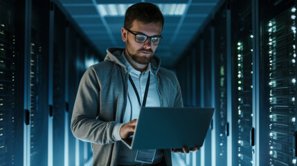 focused man in a hoodie and glasses using a laptop in a server room