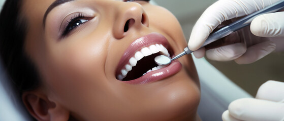 dentist examining a beautiful female patient in the dentist's office. A close up photo of the face of the patient.