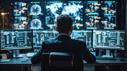 A man in a suit oversees a command center with multiple screens displaying graphical data, symbolizing high-stakes monitoring and decision-making.
