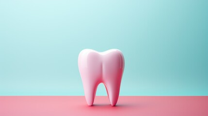 A pristine white tooth stands prominently on a dual-tone pink and teal background, symbolizing dental health and care.